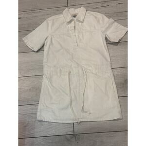 White Drop Waist Drawstring Overall Dress. Back Pockets.